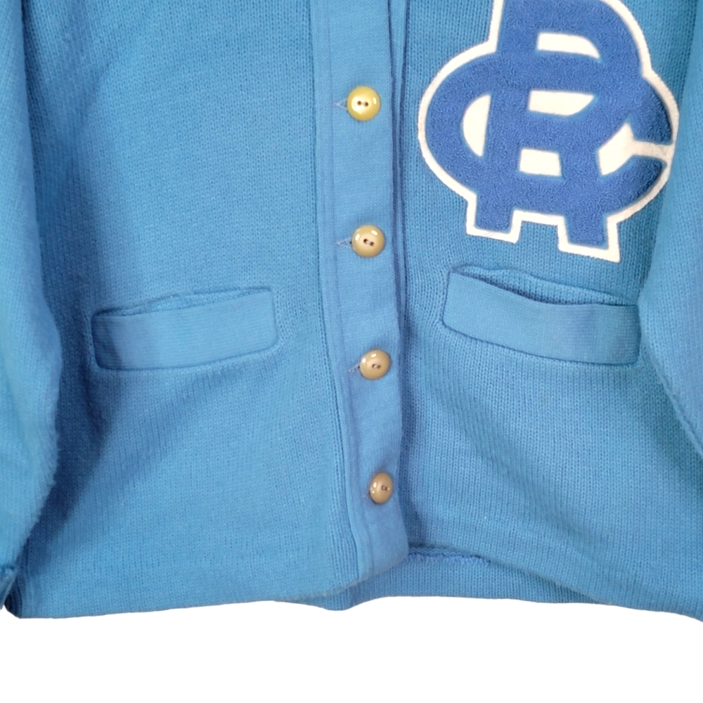 Cedar Rapids Jefferson J-Hawks Vintage Baby Blue Patched Letterman Sweater 38 - Picture 4 of 12